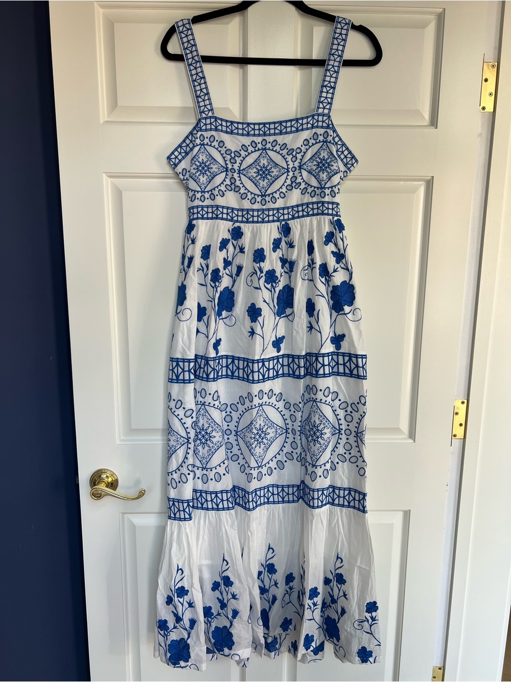 Karen Millen White Maxi Dress with Blue Floral Embroidery size 8
